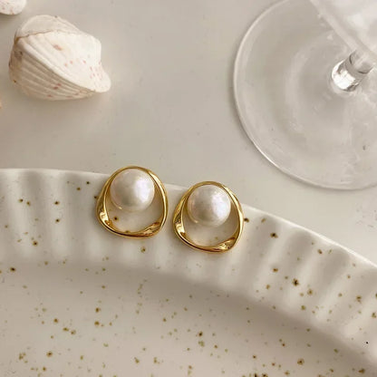 Gold Round Imitation Pearl Studs