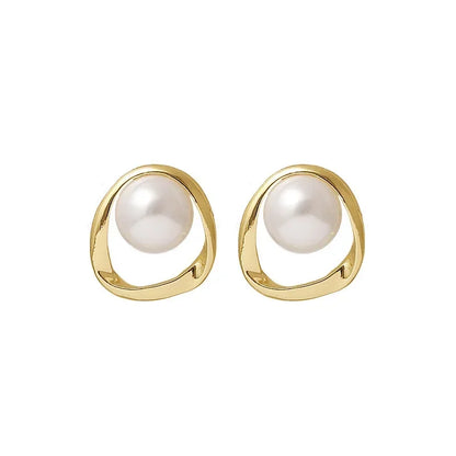 Gold Round Imitation Pearl Studs